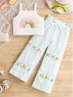 Children's Rainbow Top & Striped Pom Pom Pants Set